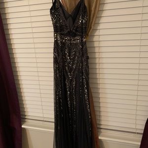 Marina Deco Beaded Mesh A-Line Gown w Godet Skirt